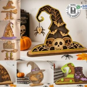 Pack de sombreros de bruja y decoraciones de Halloween para mesa en vector
