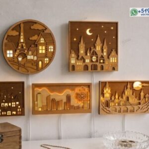 Pack de 5 cuadros luminosos de ciudades y castillos en vector