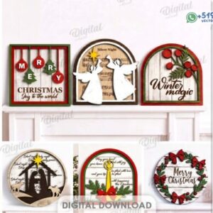 Pack de letreros navideños decorativos con coronas, ángeles y frases festivas