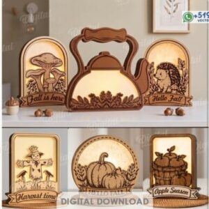 Pack de decoraciones otoñales de mesa con tetera, calabazas, erizo y farol