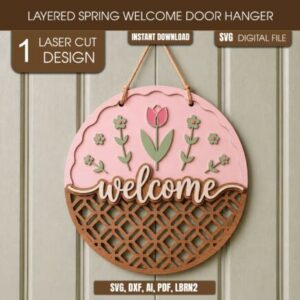 Colgante Redondo de Bienvenida Primavera en Capas SVG, DXF, AI, PDF y LBRN2