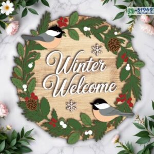 Letrero circular “Winter Welcome” con aves y follaje invernal