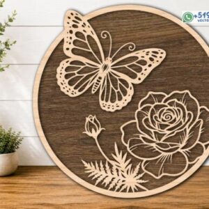 Cuadro Circular Mariposa y Rosa en 2 Capas