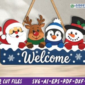 Letrero navideño Welcome con Santa, reno, pingüino y muñeco de nieve