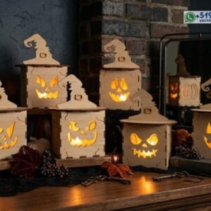 Faroles de Halloween con Sombrero de Bruja y Calabazas – Diseño Vectorial 3D