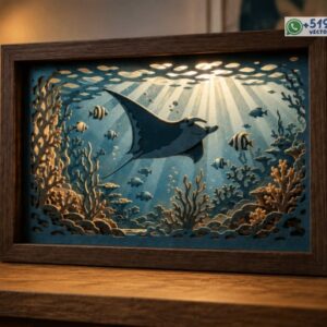 Cuadro Marino 3D de Mantarraya en Capas – Diseño Vectorial Shadow Box