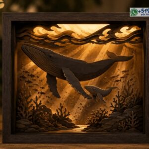 Cuadro 3D de Ballena y Cría en 7 Capas – Diseño Vectorial Marino
