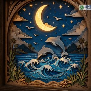 Cuadro 3D de Delfines bajo la Luna – Diseño Vectorial en 7 Capas