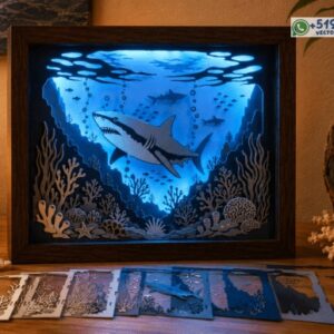 Cuadro 3D de Tiburón en Arrecife Marino – Diseño Vectorial de 7 Capas