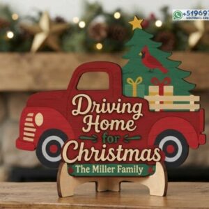 Letrero Navideño Personalizado “Conduciendo a Casa por Navidad” con Camioneta
