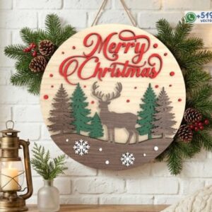 Letrero circular navideño Merry Christmas con venado y bosque en capas
