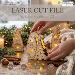 Gnomos Navideños LED de Madera – Set de 3 Diseños para Corte Láser