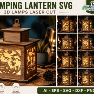 Farol decorativo 3D de camping con escenas naturales en vector