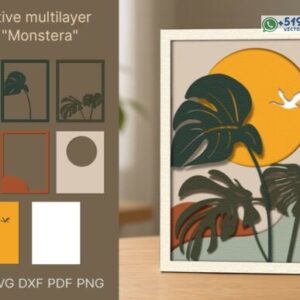 Cuadro decorativo multicapa Monstera con paisaje tropical minimalista