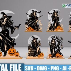 Pack de Brujas Decorativas de Halloween con Calabazas y Luna