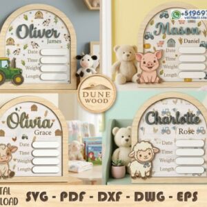 Placa de nacimiento infantil personalizada con animales de granja