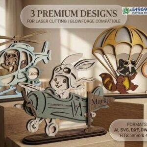 Pack de 3 diseños premium infantiles con nombre: helicóptero, avión y paracaídas