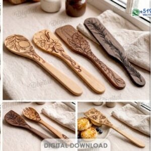 Pack de cucharas de cocina decorativas con grabado floral en formato vectorial