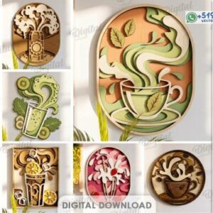 Pack de cuadros decorativos multicapa de bebidas y tazas en formato vectorial