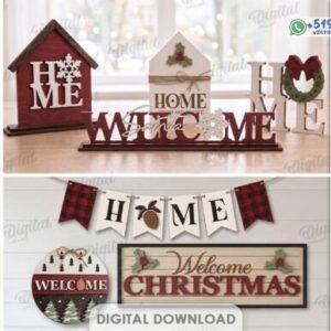 Pack de Letreros Navideños Welcome y Home casitas, coronas, guirnaldas, renos y árboles – Diseños Vectoriales Decorativos 3 mm
