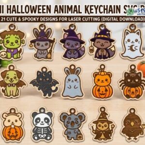 Pack de 21 llaveros de animales Kawaii para Halloween en SVG