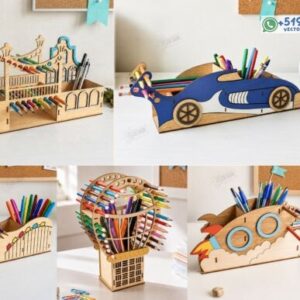 Organizadores infantiles para escritorio en madera – Pack de 5 diseños vectoriales