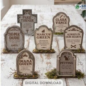 Pack de lápidas decorativas con frases humorísticas y soportes de 3 mm