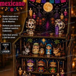 Pesebre altar mexicano en capas con temática Día de Muertos