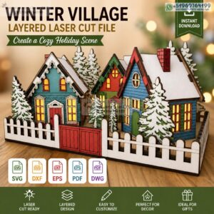 Pueblo Invernal Navideño 3D con Casas y Pinos en Capas