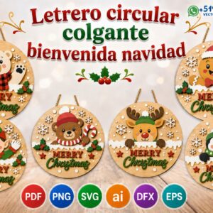 Pack de Letreros Circulares Navideños de Bienvenida – Diseños Multicapa con Personajes