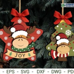 Pack de Adornos Navideños de Reno con Árbol y Estrella – Diseño Multicapa