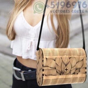 Bolso de Madera con Diseño Floral Grabado y Correa de Hombro
