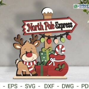 Decoración Navideña North Pole Express con Reno y Regalos – Diseño Multicapa