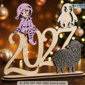 Decoración de Año Nuevo 2027 con Personajes en Base de Mesa