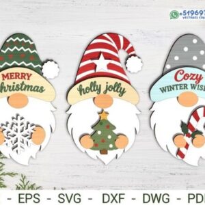 Pack de 3 Gnomos Navideños Multicapa con Copo, Árbol y Bastón de Caramelo