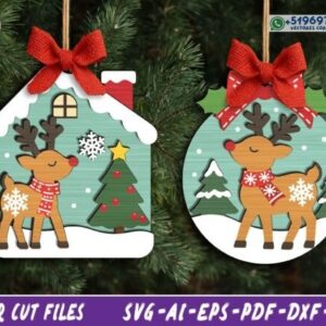 Pack de 2 Adornos Navideños con Renos – Casa y Bola Decorativa