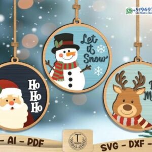 Pack de Adornos Navideños Redondos con Papá Noel, Muñeco de Nieve y Reno