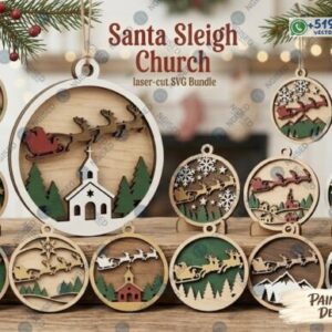 Pack de Adornos Navideños con Trineo de Papá Noel e Iglesia