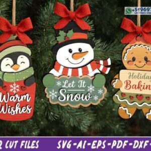 Pack de 3 Adornos Navideños con Pingüino, Muñeco de Nieve y Galleta de Jengibre