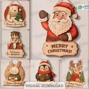 Pack de Colgadores Navideños Retro con Papá Noel y Personajes de Invierno