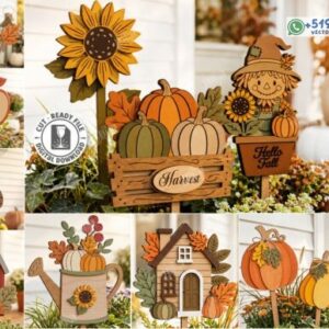 Pack de Estacas Decorativas de Otoño con Calabazas, Girasoles y Motivos Campestres