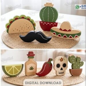 Pack Fiesta Mexicana 3D – Decoración con Cactus, Taco y Calavera
