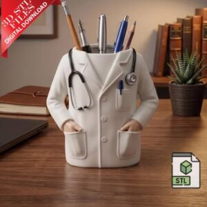 Portalápices 3D para médicos con bata, estetoscopio y bolsillos organizadores