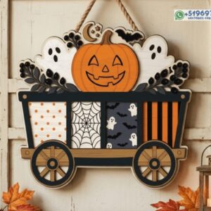 Carreta Decorativa de Halloween con Calabaza y Fantasmas – Diseño Multicapa