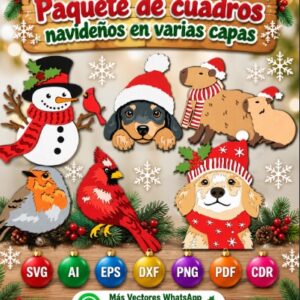 Pack de Cuadros Navideños Multicapa con Animales y Muñeco de Nieve