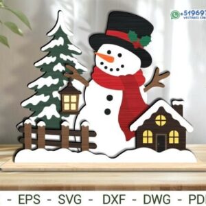 Muñeco de Nieve Navideño con Casa, Farol y Pino Nevado