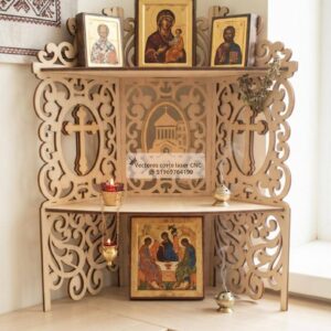 Esquinero Religioso para Iconos con Estantes y Paneles Ornamentales – Diseño Vectorial