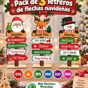 Pack de 3 Letreros de Flechas Navideñas con Personajes