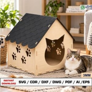Casita para Gatos con Entrada de Silueta Felina y Huellas – Diseño 3D para Material de 3 mm