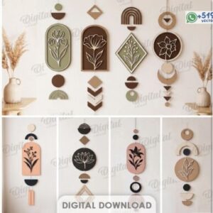 Pack de 10 Decoraciones Bohemias de Pared con Flores y Figuras Geométricas – Colgantes Verticales en Madera para Corte Láser CNC